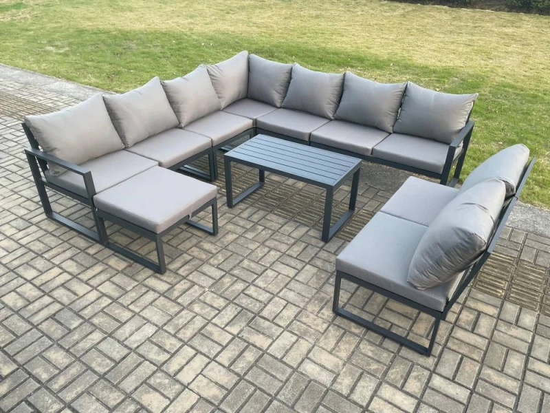 Image of Fimous Aluminium 10 Seater Patio Outdoor Garden Furniture Lounge Corner Sofa Set with Oblong Coffee Table with Big Footstool Dark Grey Dark Grey Unise
