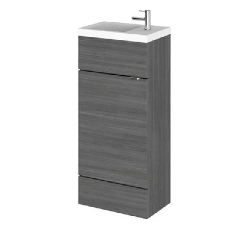 Image of Hudson Reed Fusion Floor Standing 1 Door Vanity Unit & Compact Polymarble Basin, Compact, Anthracite Woodgrain, 400mm