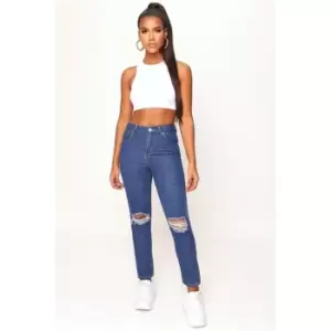 Image of I Saw It First Mid Blue Mom Jeans With Ripped Knee - Blue