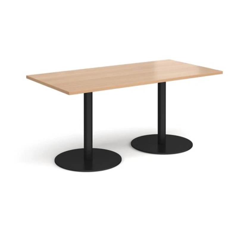 Image of Monza Rectangular Cafe and Bistro Dining Table with Flat Round Black Base - Top 1600mm x 800mm - Beech