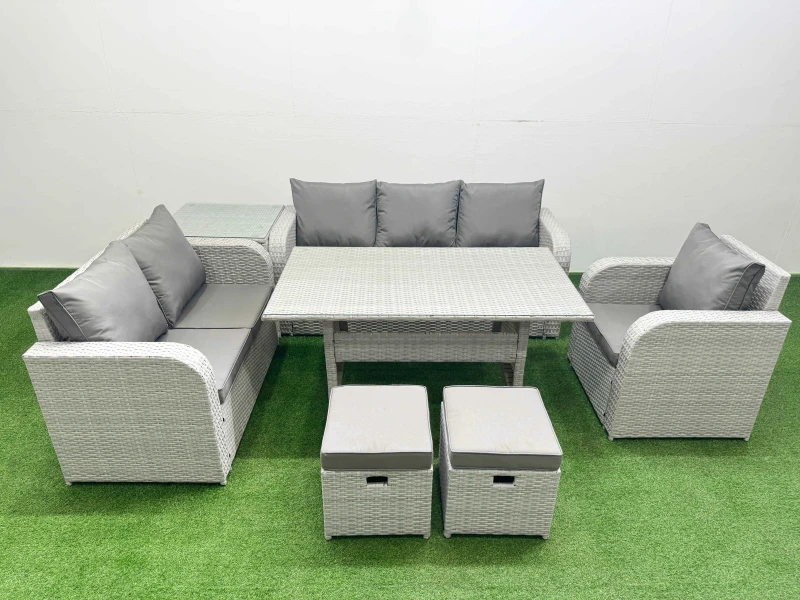 Image of Fimous Patio PE Wicker 8 Seater Outdoor Rattan Furniture Sofa Sets with Rectangular Dining Table Reclining Chair Loveseat Sofa 3 Seater Sofa Stool Sid