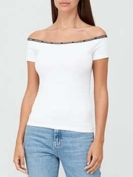 Image of Calvin Klein Jeans Logo Trim Bardot Top - White