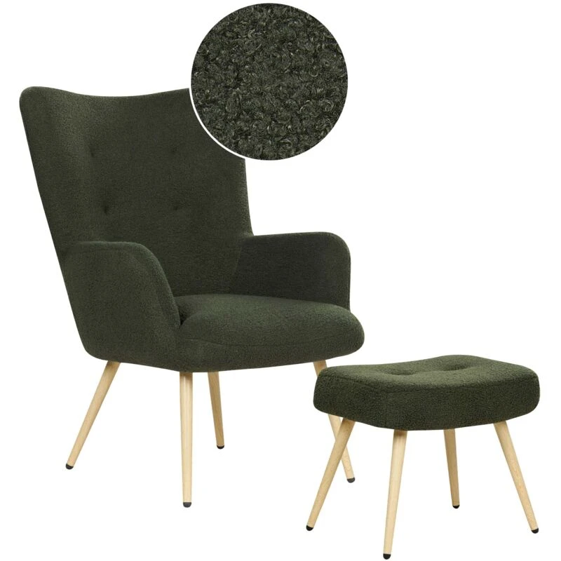 Image of Beliani Boucle Wingback Chair With Footstool Dark Green Vejle Ii