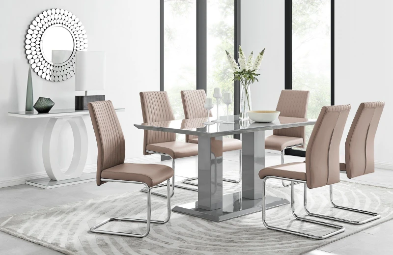 Image of FurnitureboxUK FurnitureboxUK Imperia Grey Modern High Gloss Dining Table And 6 Lorenzo Dining Chairs Set in Beige Beige One Size Unisex 5056542634666