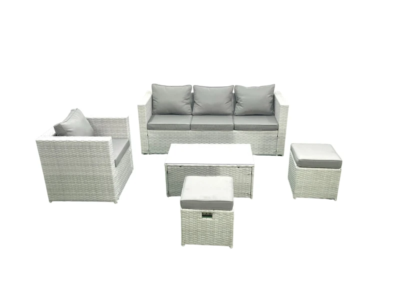 Image of Fimous Rattan Garden Furniture Set with 3 Seater Sofa Chair Rectangular Coffee Table Big Footstool Light Grey Mixed 6 Seater Light Grey