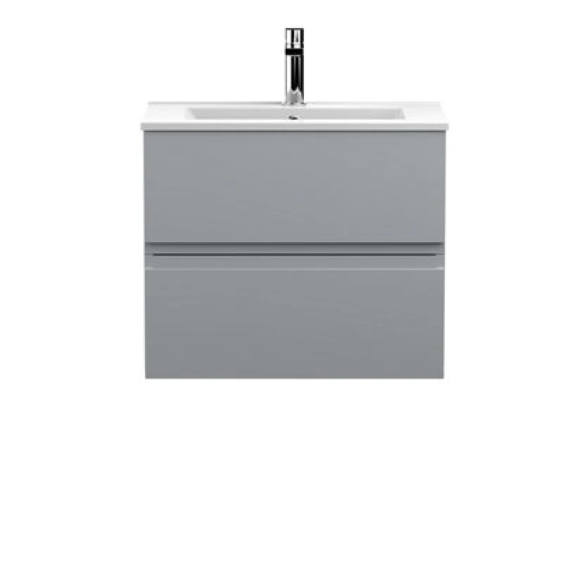 Image of Nuie Hudson Reed Urban Wall Hung 2 Drawer Vanity Unit With Minimalist Ceramic Basin, Modern Bathroom Furniture In Satin Grey, 600mm