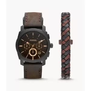 Image of Fossil Mens Machine Chronograph Leather Watch And Bracelet Box Set - Dark Brown