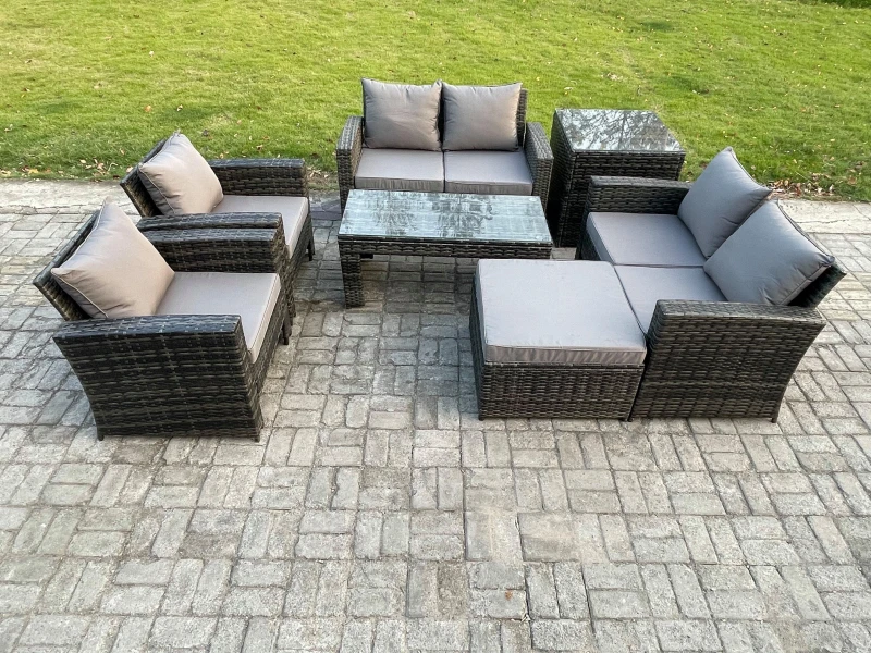 Image of Fimous 7 Seater Dark Grey Mixed High Back Rattan Sofa Set Coffee Table Garden Furniture Outdoor Patio With Love Sofa Arm Chairs