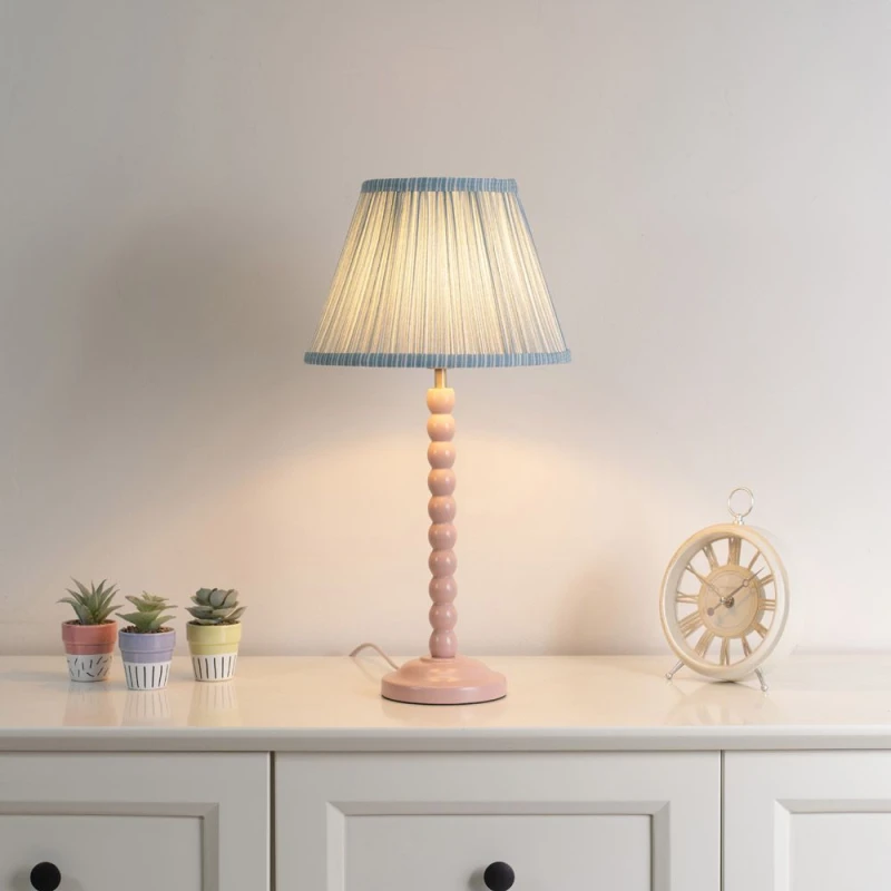 Image of Valuelights Bobbles Rose Pink Bobbin Table Lamp With Pink Aztec Pleated Shade - LED Bulb Included