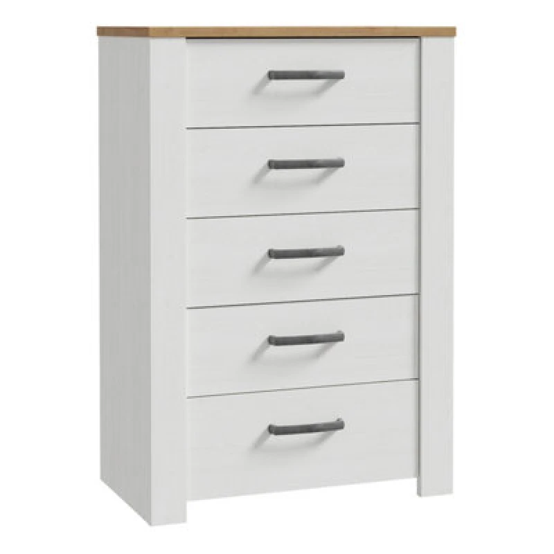 Image of Furniture To Go Bohol 5 Drawer Narrow Chest In Riviera Oak/white