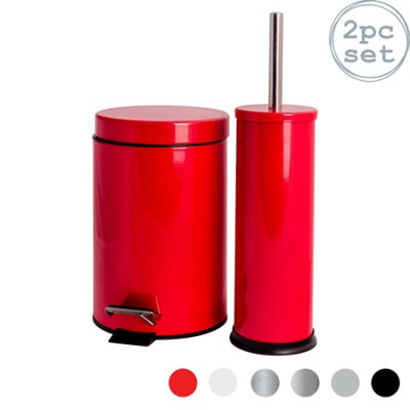Image of Harbour Housewares Bathroom Bin & Toilet Brush Set - 3L - Red - Round Stainless Steel Slim Trashcan Rubbish Bin & Brush