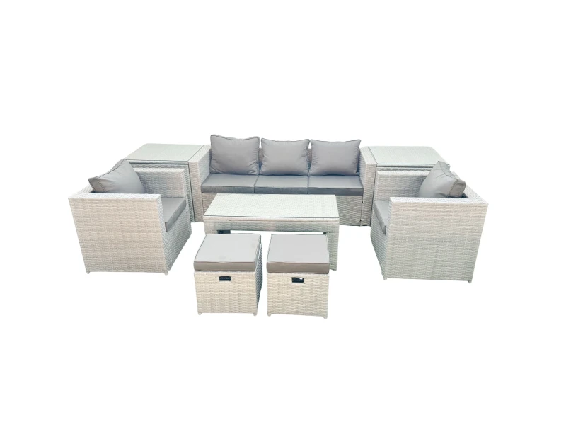 Image of Fimous Rattan Garden Furniture Set 7 Seater Outdoor Garden Sofa Oblong Coffee Table Set with 2 Chairs 2 Stools 2 Side Tables Light Grey Mixed Light Gr