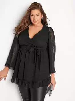 Image of Yours Metallic Dobby Ruffle Wrap Top - Black, Size 20, Women