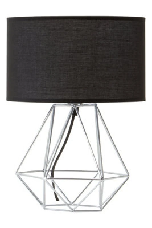 Image of Orsina Black Drum Shade Table Lamp With Chrome Cage Base, Sturdy Bedside Lighting Piece, Modern Iron Lamp Fixture