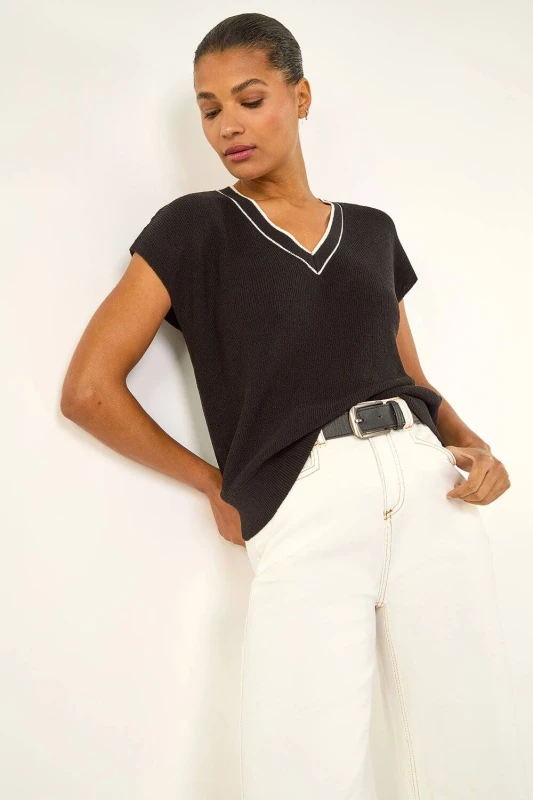 Image of Roman Womens Light Weight V-Neck Knitted Vest in Black Size: 12 Black Female 12