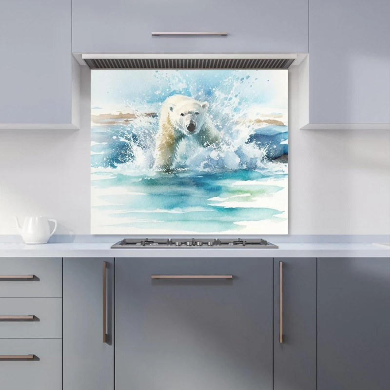 Image of Warren Reed - Designer Hunting Polar Bear Watercolour Kitchen Splashback in Brown Size: 900mm x 750mm Brown Unisex 900mm x 750mm
