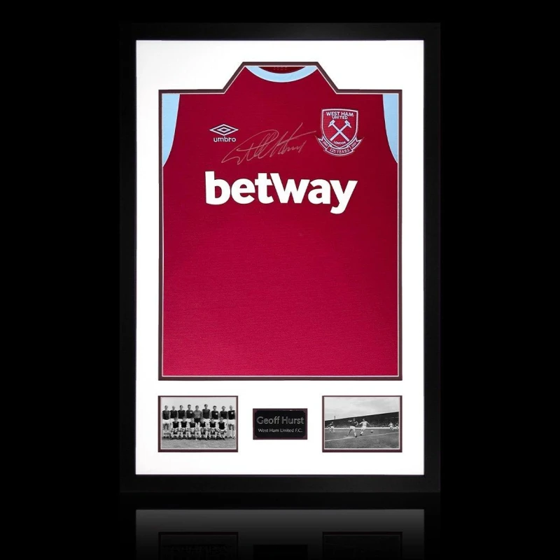 Image of The Fan Cave Geoff Hurst Signed West Ham Shirt Premium Frame Maroon unisex 850mm x 60