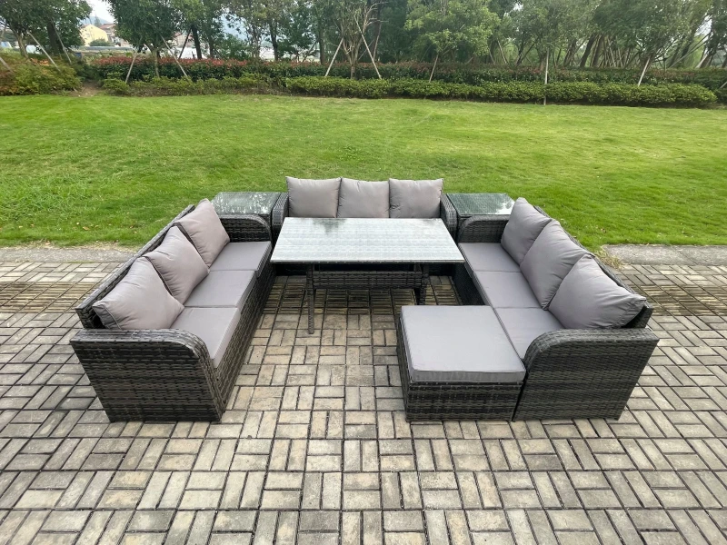 Image of Fimous Patio Rattan Garden Furniture Set with Oblong Rectangular Dining Table Big Footstool 2 Side Tables 10 Seater Outdoor Lounge Sofa Set Dark Grey