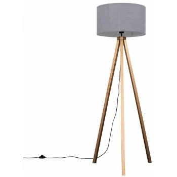 Image of Copper Wood Tripod Floor Lamp with Drum Shade - Grey