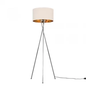 Image of Camden Chrome Tripod Floor Lamp with XL Fawn and Gold Reni Shade
