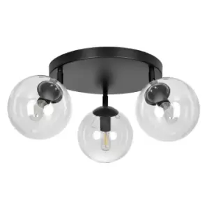 Image of Tofi Black Globe Ceiling Light with Clear Glass Shades, 3x E14