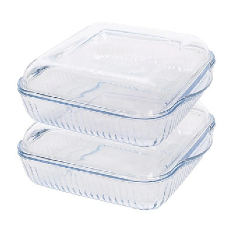 Image of Argon Tableware Optical Square Glass Oven Dishes With Lid - 24Cm X 21Cm - Pack Of 2