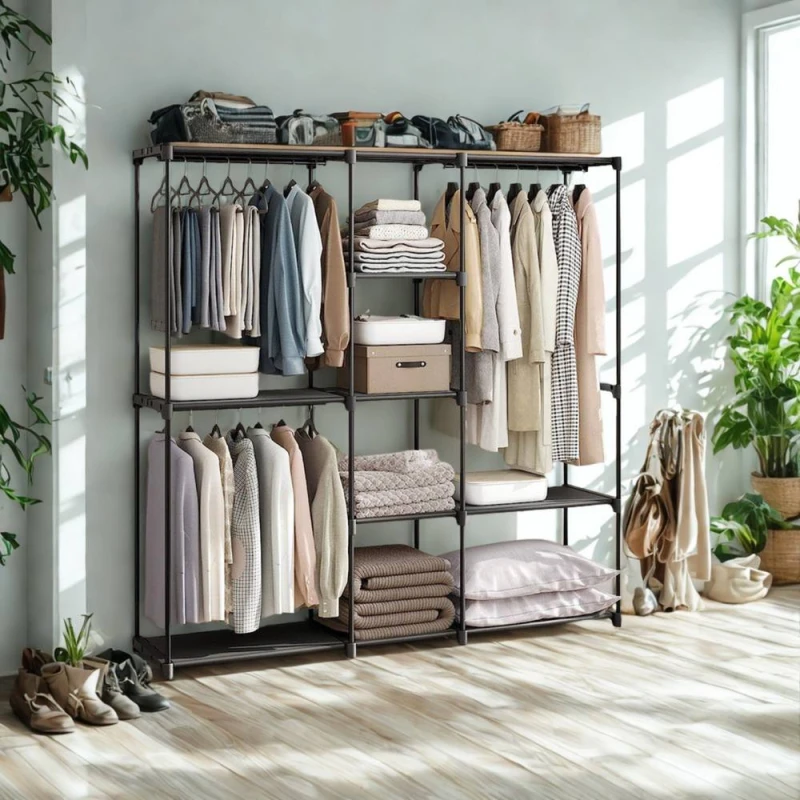Image of Pirlo Plush Metal Clothes Rail Open Wardrobe With Storage Shelves Black Unisex