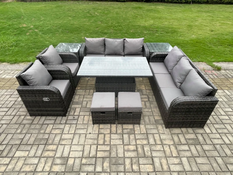 Image of Fimous Rattan Outdoor Garden Furniture Sets Height Adjustable Rising lifting Dining Table Reclining Chair Sofa Set with 2 Side Tables Dark Grey