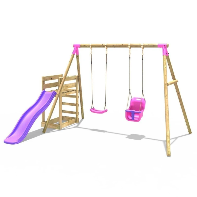 Image of Rebo Wooden Double Swing Set with Baby Seat and Slide - Luna Pink Pink