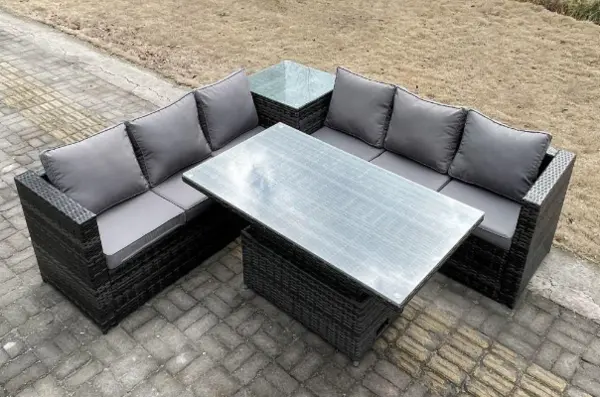 Image of Fimous 6 Seater Outdoor Dark Grey Rattan Lounge Complete Sofa Set with Rising Adjustable Dining Table and High Side Table