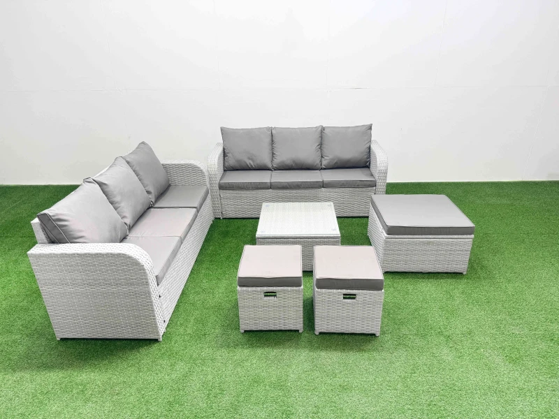 Image of Fimous Outdoor Garden Furniture Sets 9 Seater Wicker Rattan Furniture Sofa Sets with Square Coffee Table high Back Lounge Sofa 3 Stools Light Grey Lig