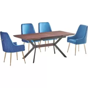 Image of 7 Pieces Life Interiors Soho Blaze Dining Set - an Extendable Walnut Rectangular Wooden Dining Table and Set of 6 Blue Dining Chairs - Blue