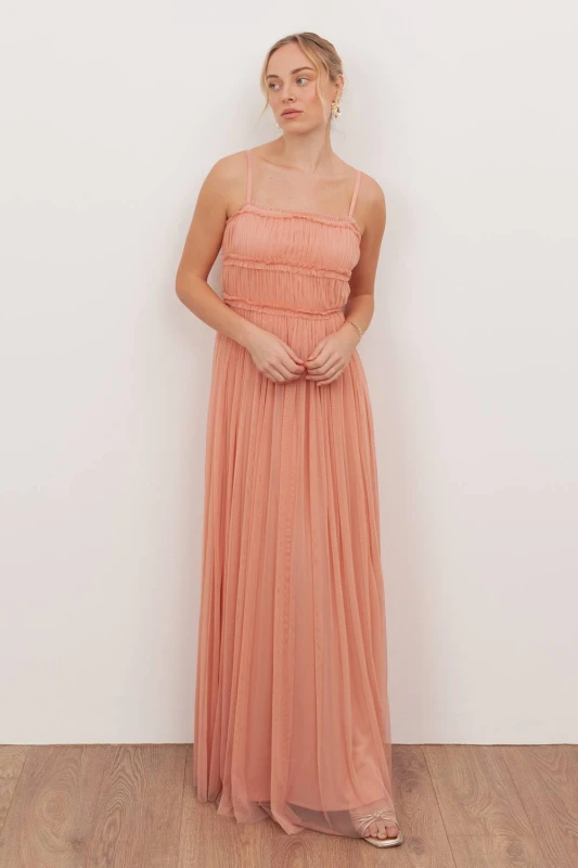 Image of Anaya with Love Womens Square Neck Strappy Tulle Maxi Dress in Peach Size: 8 Peach Female 8