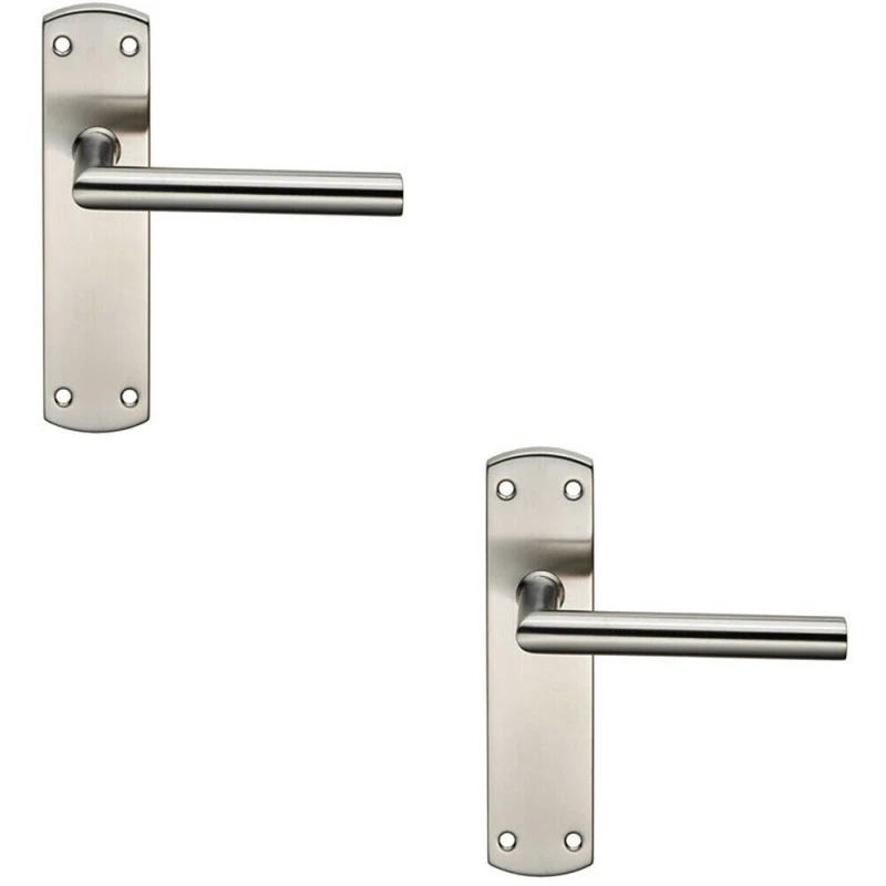 Image of Loops 2x Mitred Lever Door Handle on Latch Backplate 172 x 44mm Satin Steel Metallics