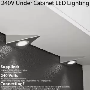 Image of 6x BRUSHED NICKEL Triangle Surface Under Cabinet Kitchen Light Kit - 240V Mains Powered - Warm White LED