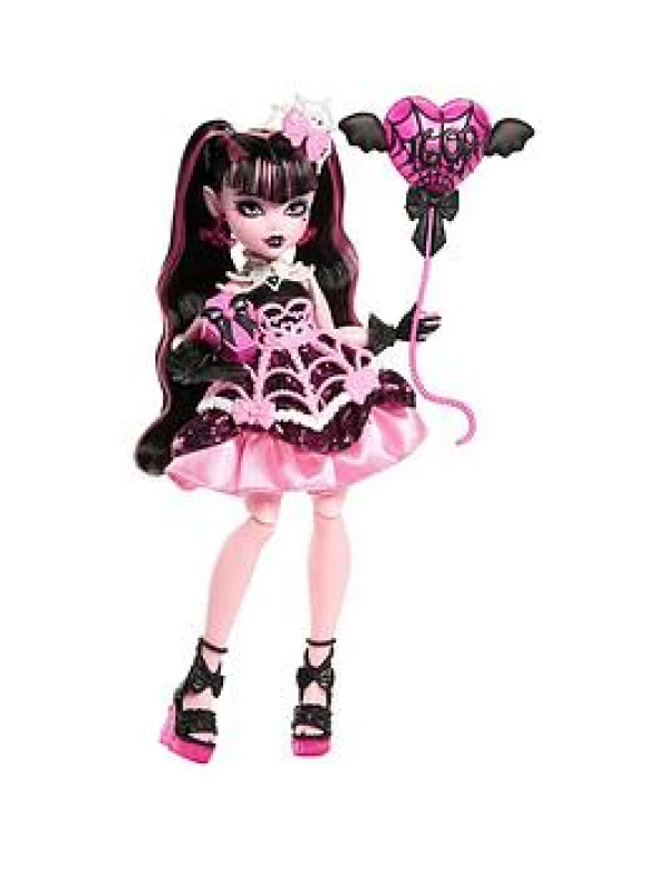 Image of Monster High Scary Sweet Birthday Doll Draculaura in Pink Party Dress with Themed Accessories like Invite Balloon Gift Fan and More JBG74 Pink -
