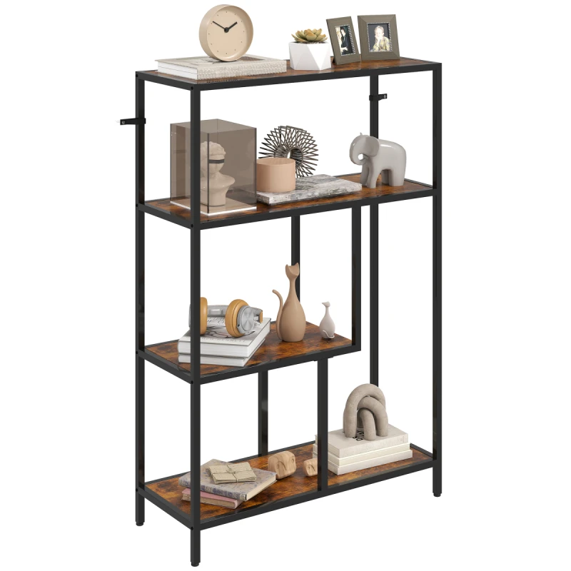 Image of HOMCOM HOMCOM 4-Tier Bookshelf with Metal Frame, Display Storage Shelving Unit in Dark Brown Dark Brown One Size Unisex 5063603889941