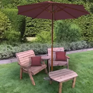 Image of Charles Taylor Grand Twin Angled with Coffee Table and Burgundy Parasol and Cushions