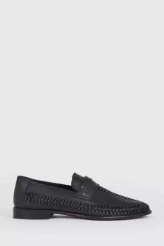 Image of Mens Black Leather Basket Weave Loafers