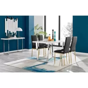 Image of Furniture Box Kylo White High Gloss Dining Table and 4 Black Milan Gold Leg Chairs