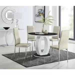 Image of Furniturebox UK - Furniturebox Giovani Black 100cm Round Dining Table and 4 Cream Velvet Milan Dining Chairs With Silver Legss
