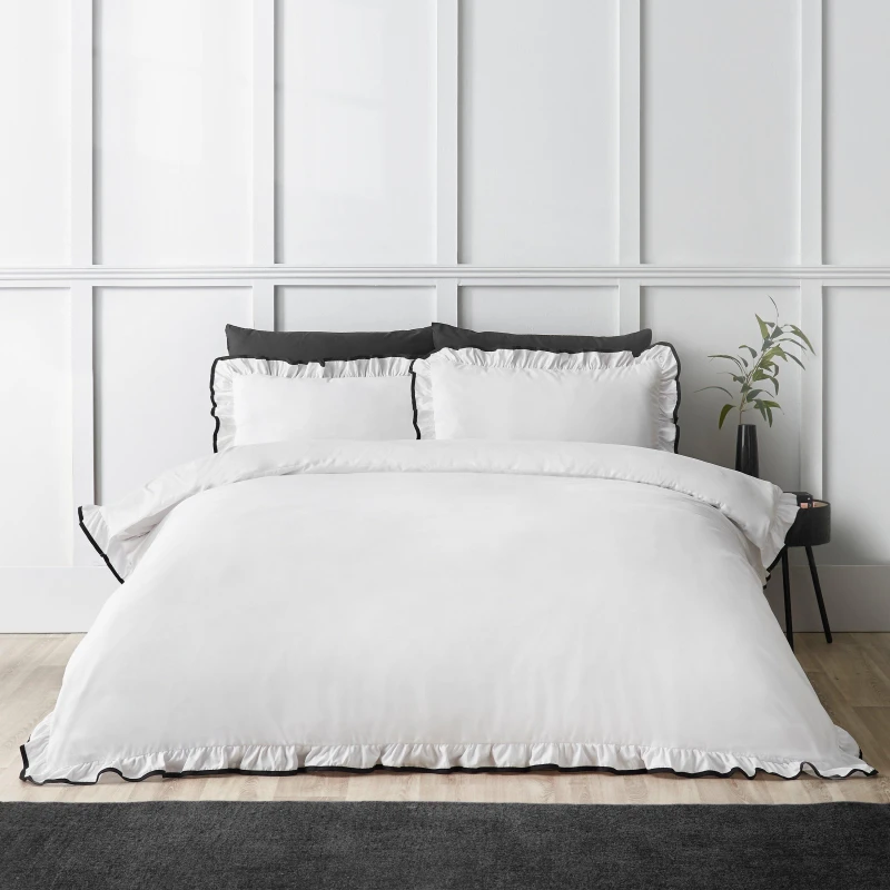 Image of Catherine Lansfield So Soft Mono Frill Duvet Cover Bedding Set White Black