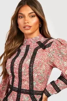 Image of Printed Lace Detail Frill Hem Mini Dress