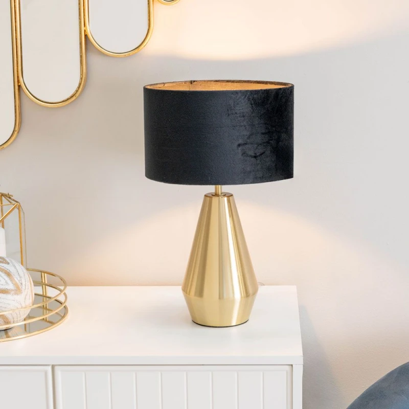Image of ValueLights Jax Antique Brass Metal Dimmable Touch Table Lamp with Velvet Drum Shade Black
