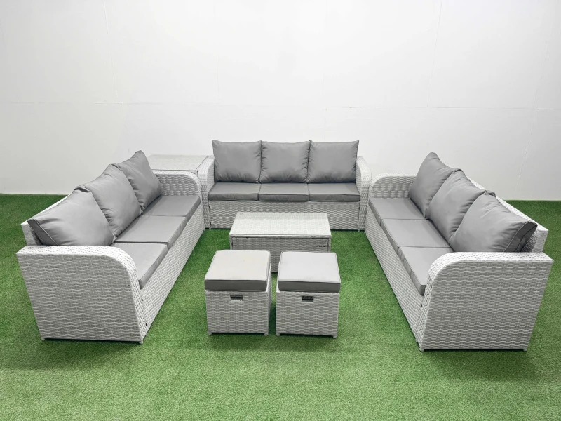 Image of Fimous PE Rattan Lounge Sofa Set 11 Seater Outdoor Garden Furniture Set with Rectangular Coffee Table 3 Seater Sofa 2 Stools Side Table Light Grey Lig