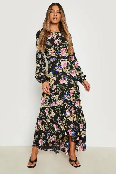 Image of boohoo Floral Drop Hem Rouched Maxi Dress Black