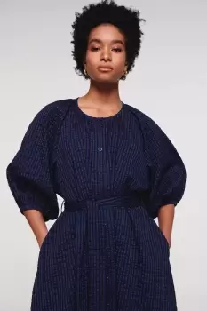 Image of Hibiscus Button Volume Sleeve Midi Dress, Navy Seersucker / UK 6