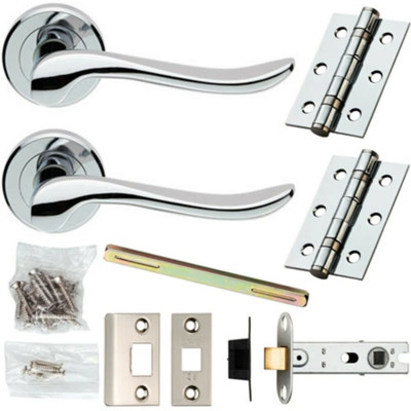Image of Loops Door Handle & Latch Pack Chrome Modern Scroll Lever on Screwless Round Rose Multi
