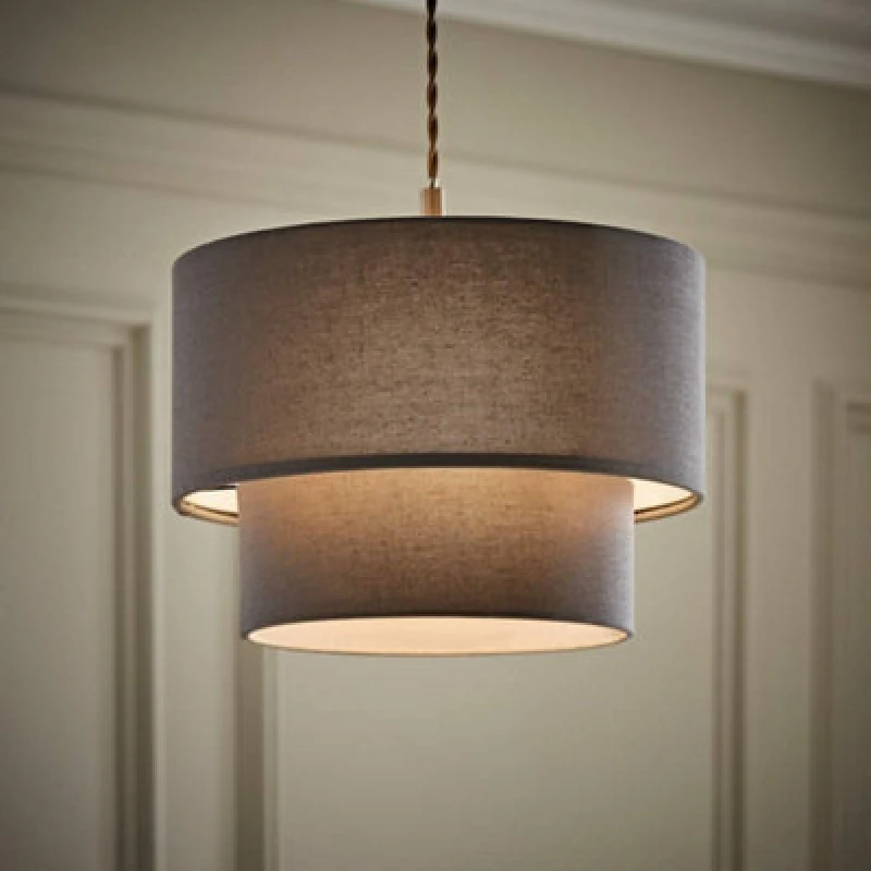 Image of ValueLights ValueLights Jodie Linen Two Tier Easy Fit Drum Ceiling Light Lamp Shade with Bulb in Grey Grey One Size Unisex 5059406069772