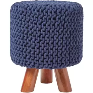 Image of Navy Tall Cotton Knitted Footstool on Legs - Navy Blue - Homescapes